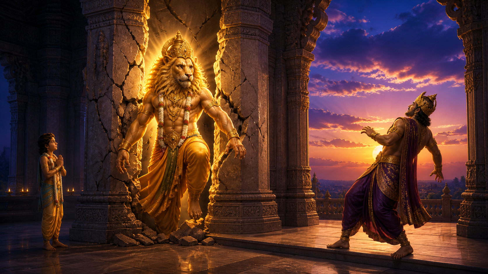 Narasimha emerges from a split palace pillar at twilight as Hiranyakashipu recoils and Prahlada watches from a safe distance.