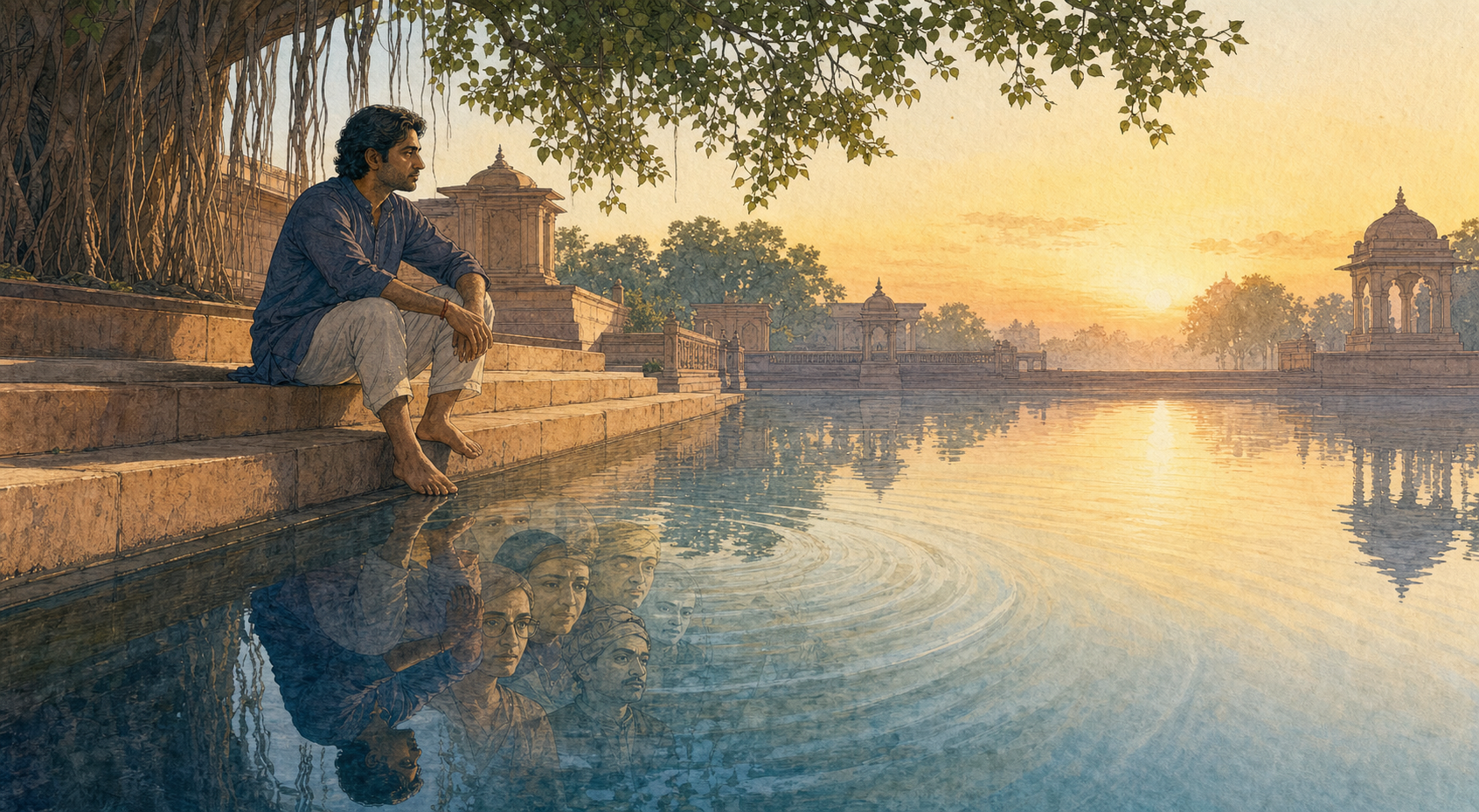 A person sits beside a courtyard pool while several translucent faces in the reflection dissolve into gentle ripples at sunrise.
