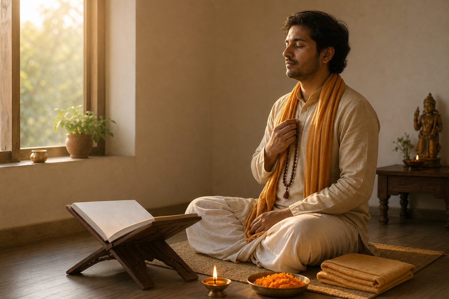 A seated practitioner holds a tulsi mala beside an open devotional book and a small oil lamp in a quiet home prayer space at dawn.