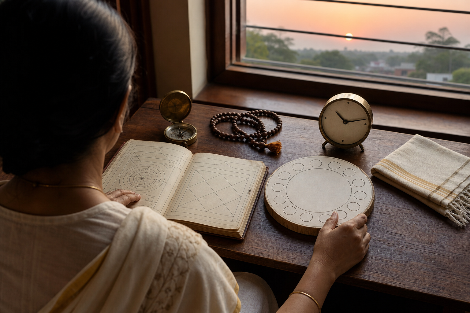 A person at a household table compares a panchanga, a lunar reference wheel, and a clock beside prayer beads at dawn.