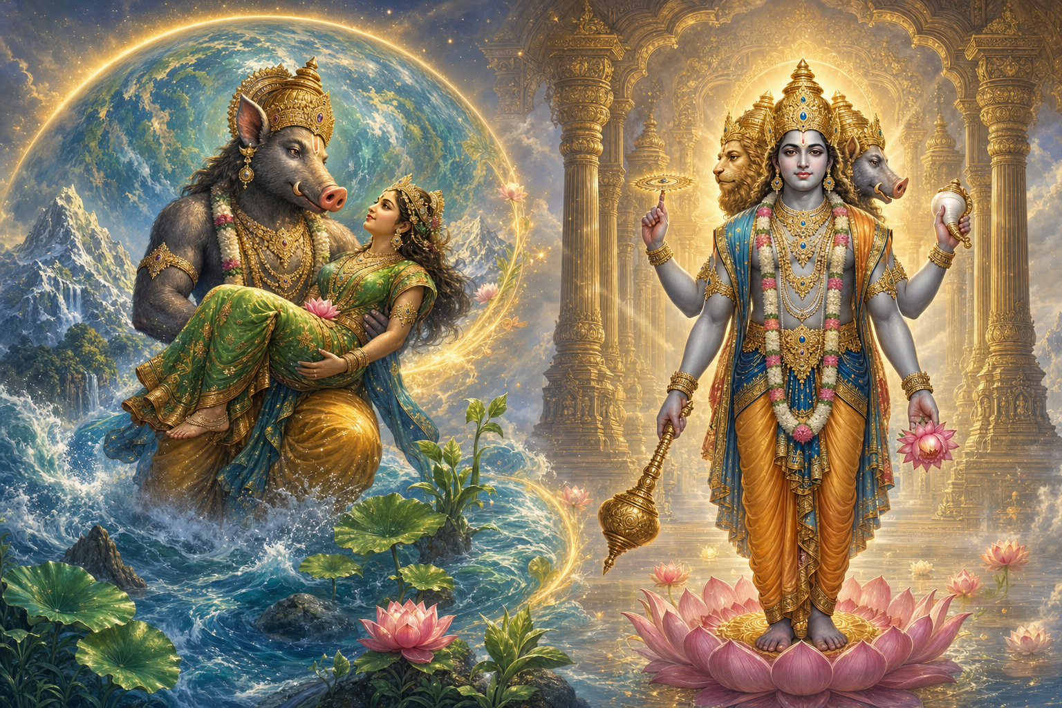 Varaha lifts Bhudevi from cosmic waters beside a four-armed Vaikuntha Vishnu form with human, lion, and boar faces visible.