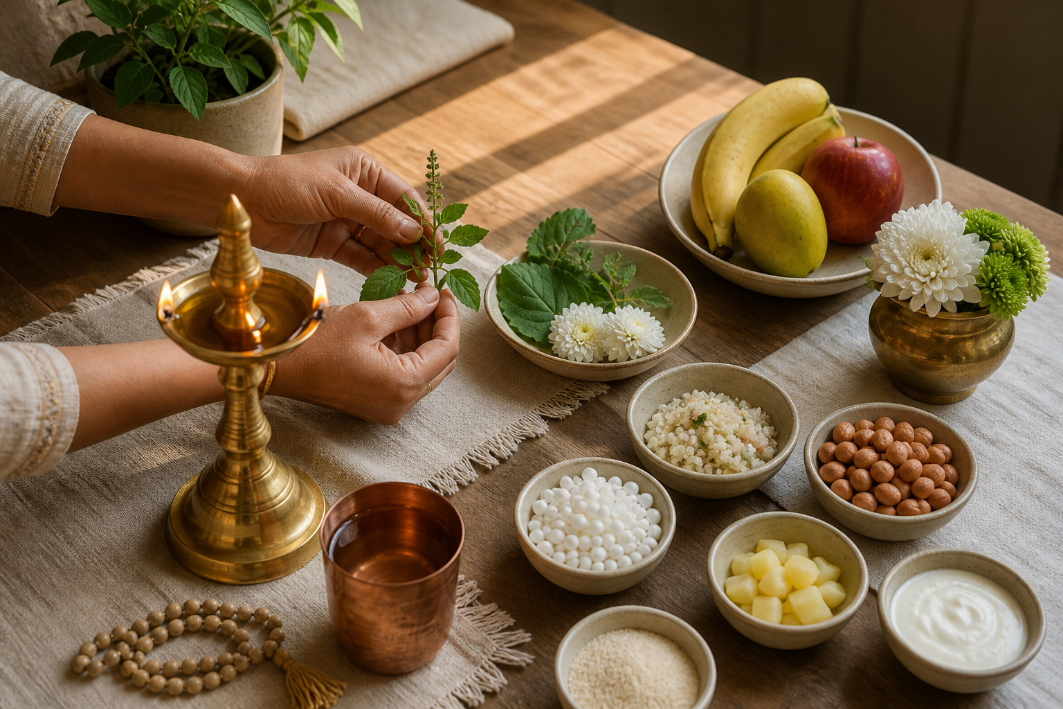 Hands prepare a simple Ekadashi worship space with a lamp, water, tulsi leaves, flowers, prayer beads, fruit, and plain ingredients.