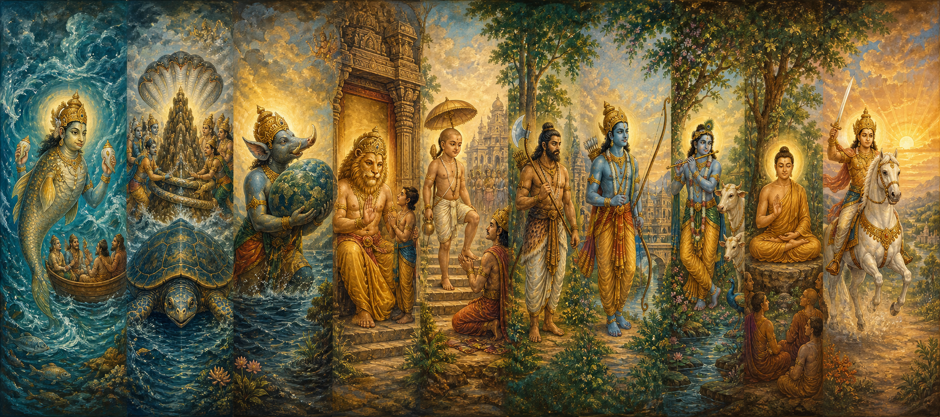 A ten-part sacred frieze depicts Matsya, Kurma, Varaha, Narasimha, Vamana, Parashurama, Rama, Krishna, Buddha, and Kalki in distinct settings.