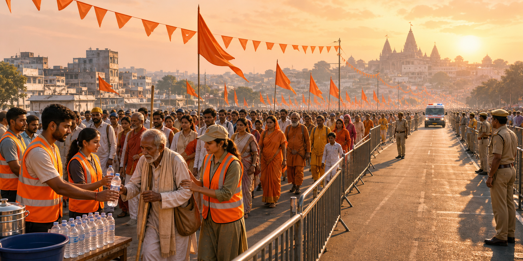 Pilgrims and volunteers take part in an orderly foot march on a North Indian road while water is distributed and an elderly walker receives assistance.