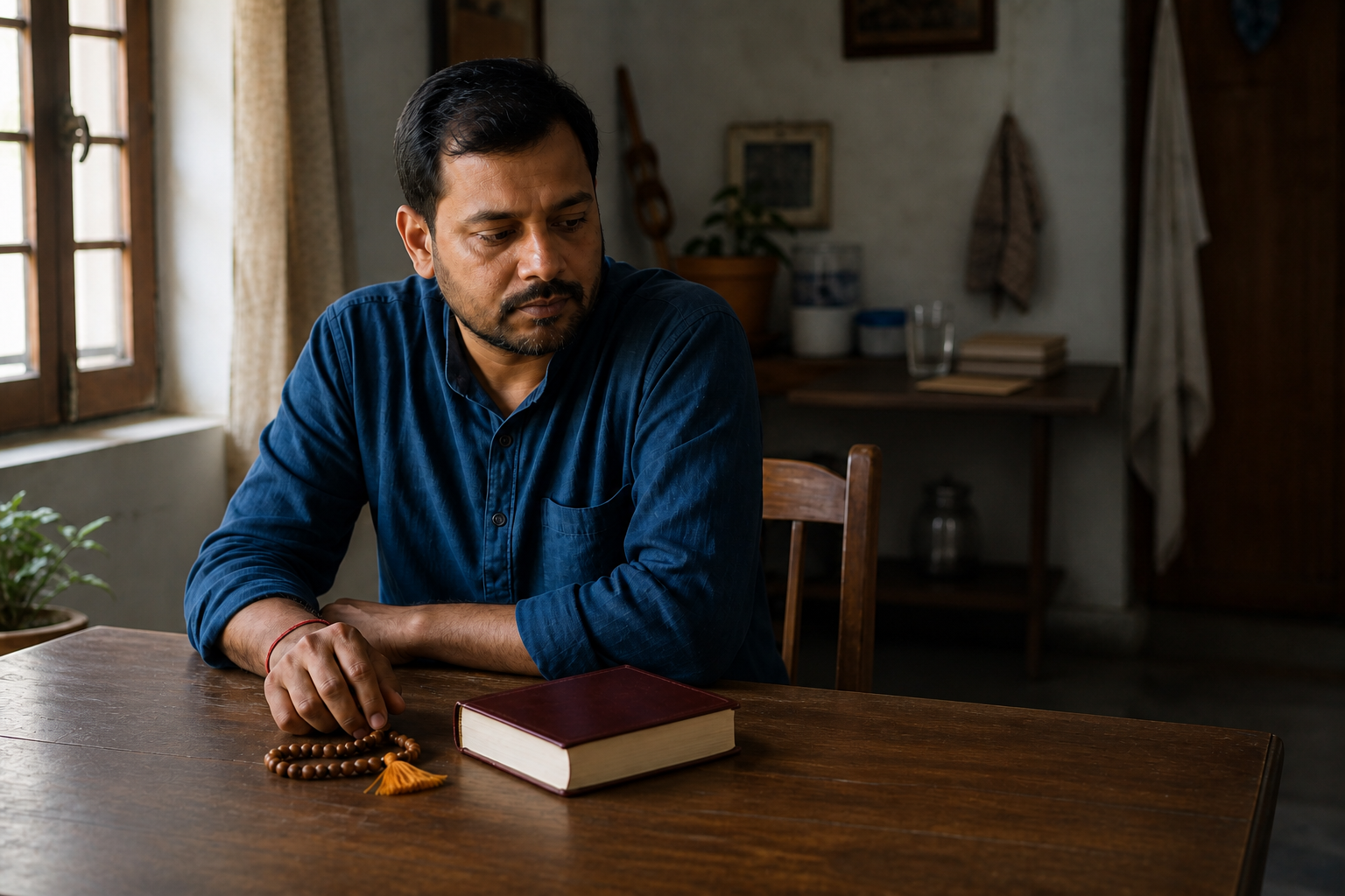 A reflective adult sits at a table with prayer beads while household items associated with health, study, and difficult decisions rest in the background.