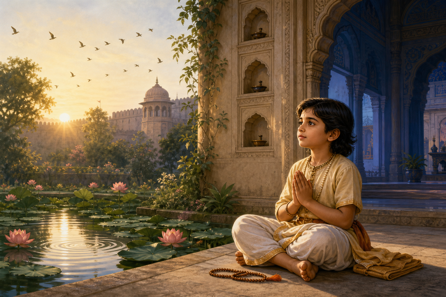 Prahlada sits in morning meditation beside a lotus pond, with prayer beads nearby and the palace court visible through an arch.