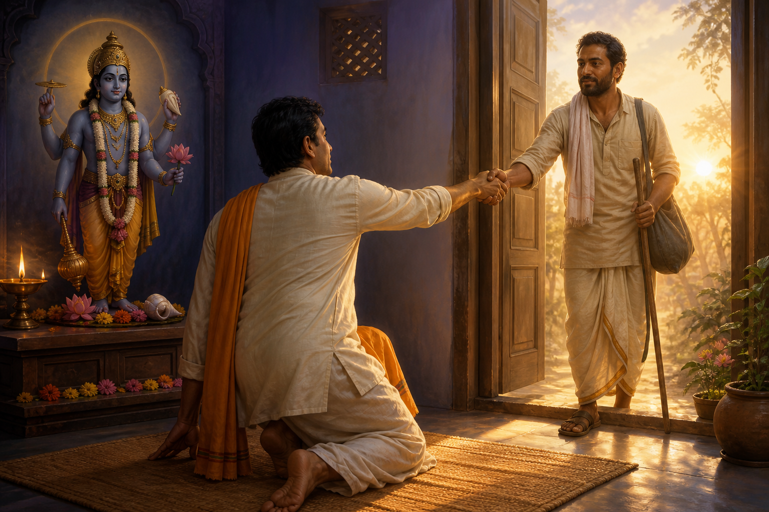 A devotee rises from prayer before a small Vishnu shrine and reaches through a sunlit doorway to help another person.
