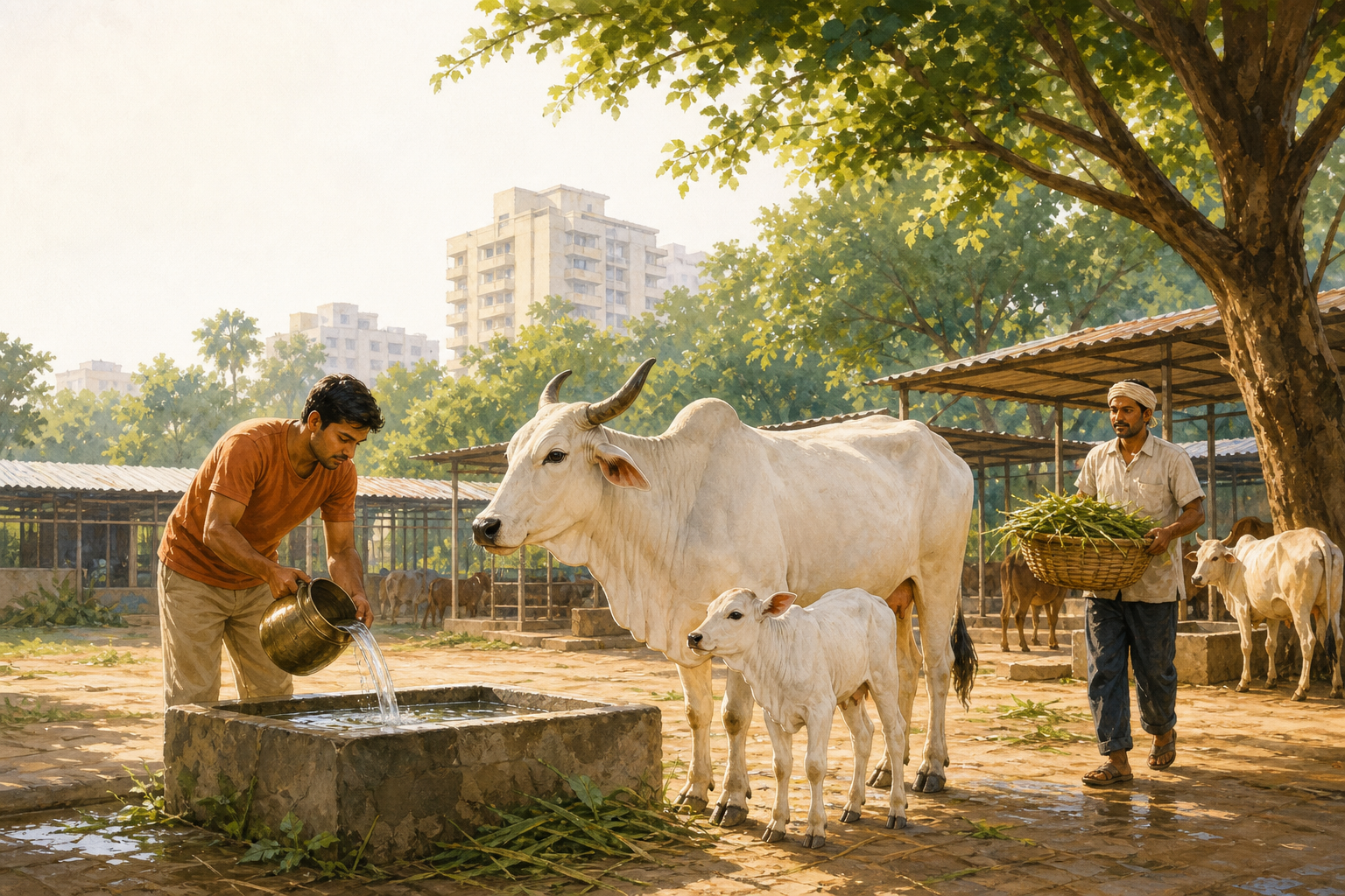 A white zebu cow and calf stand in a shaded sanctuary courtyard as a visitor fills a water trough and a caretaker brings fodder, with apartment buildings in the distance.