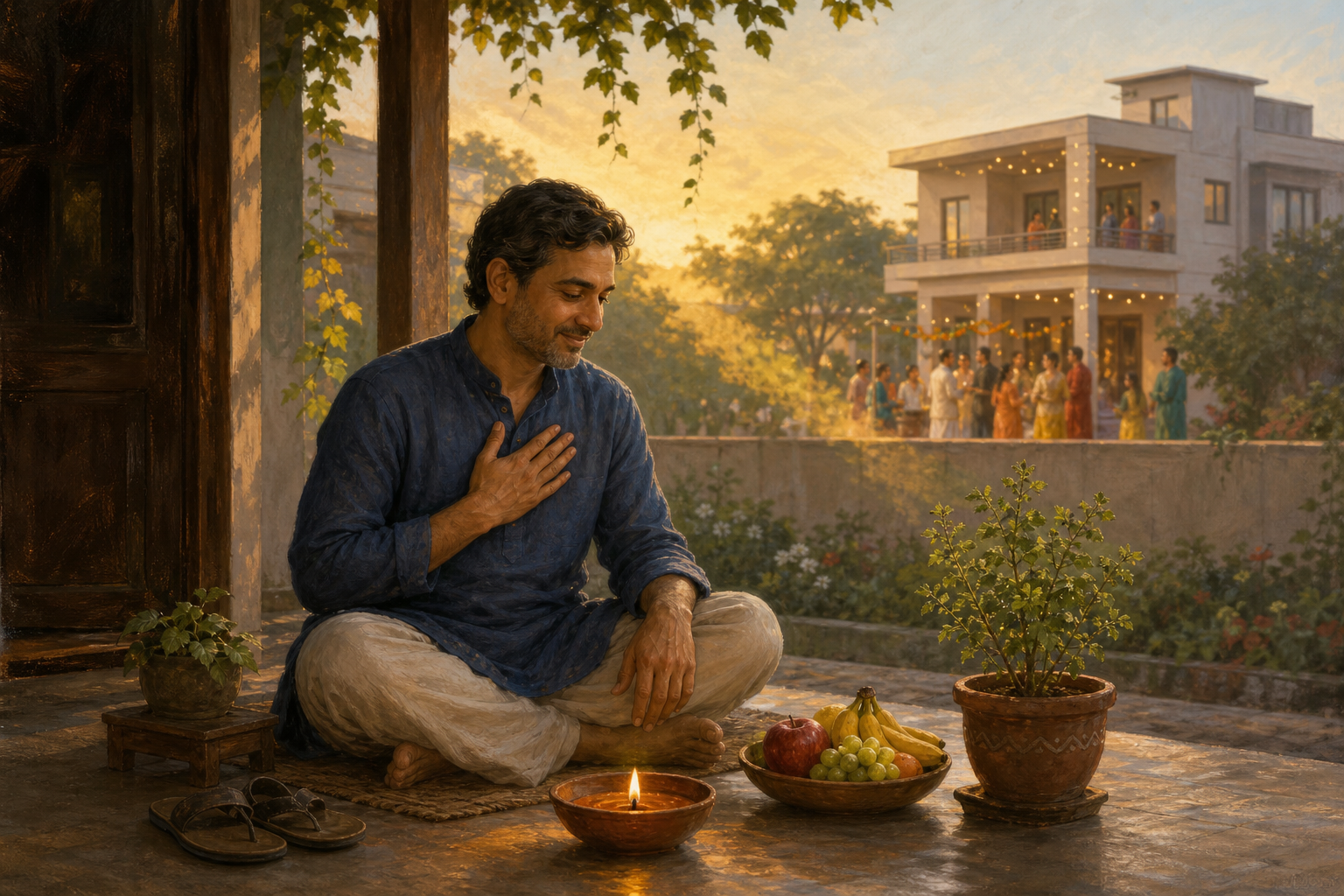 A calm Indian householder sits on a veranda while neighbors celebrate beside a larger home in the distance, with simple household objects and a tulsi plant nearby.