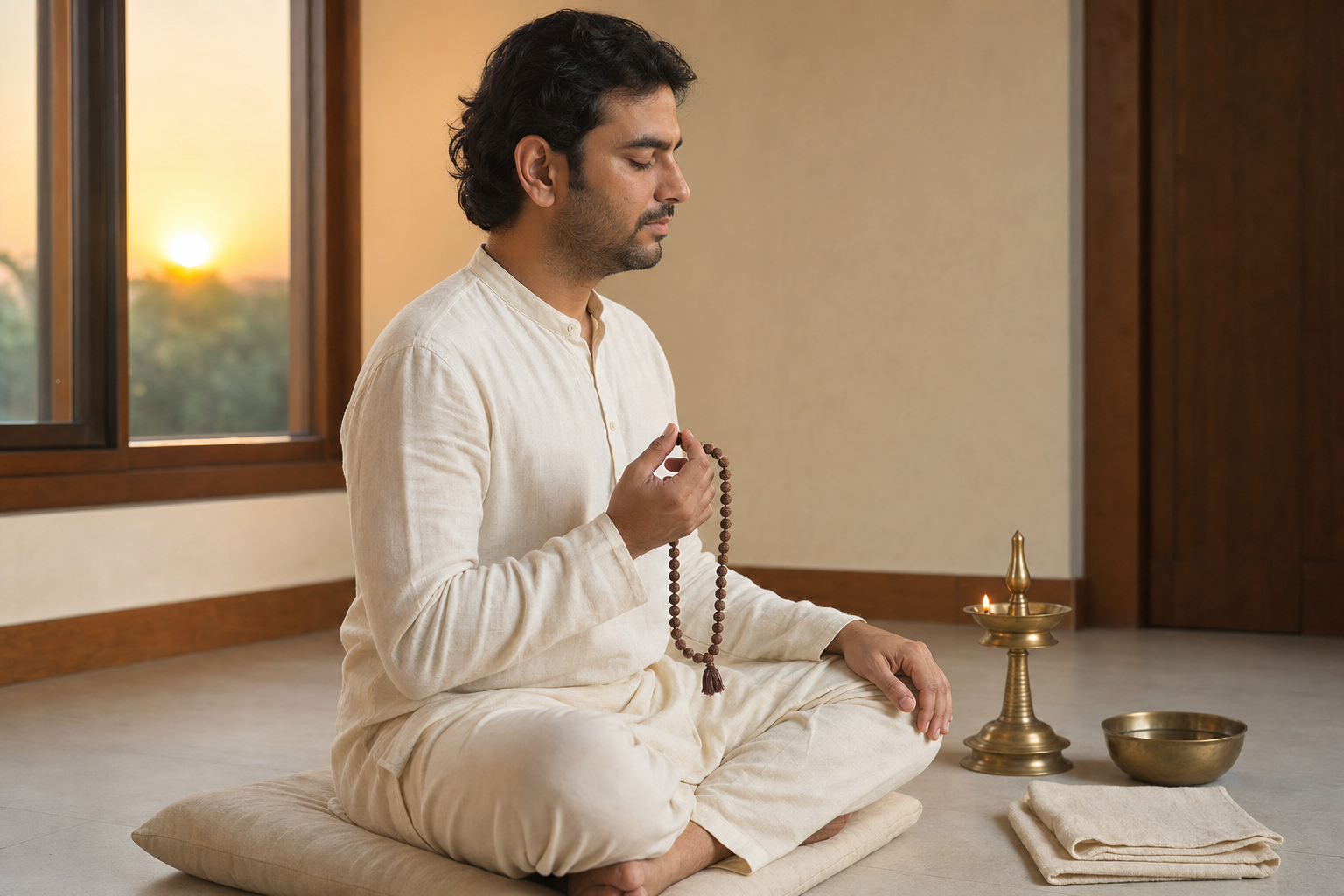 Seated practitioner using a Rudraksha mala for quiet morning japa beside a brass oil lamp and a bowl of water.
