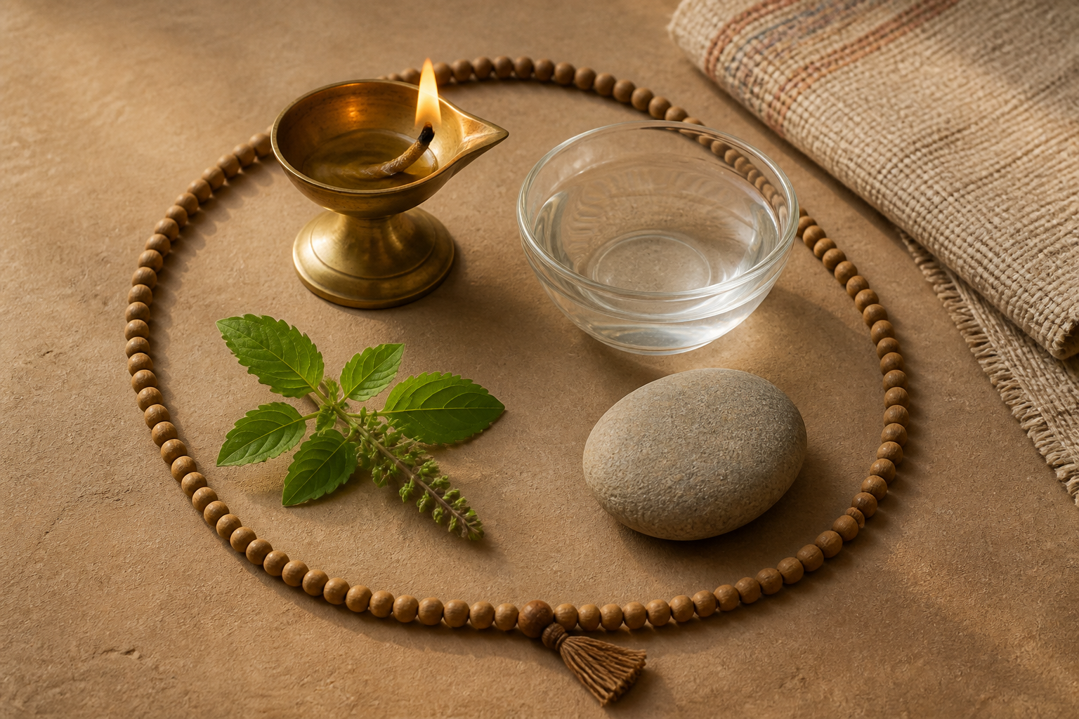 A brass lamp, clear water bowl, basil sprig, river stone, and tulsi mala form a balanced still life representing different virtues.