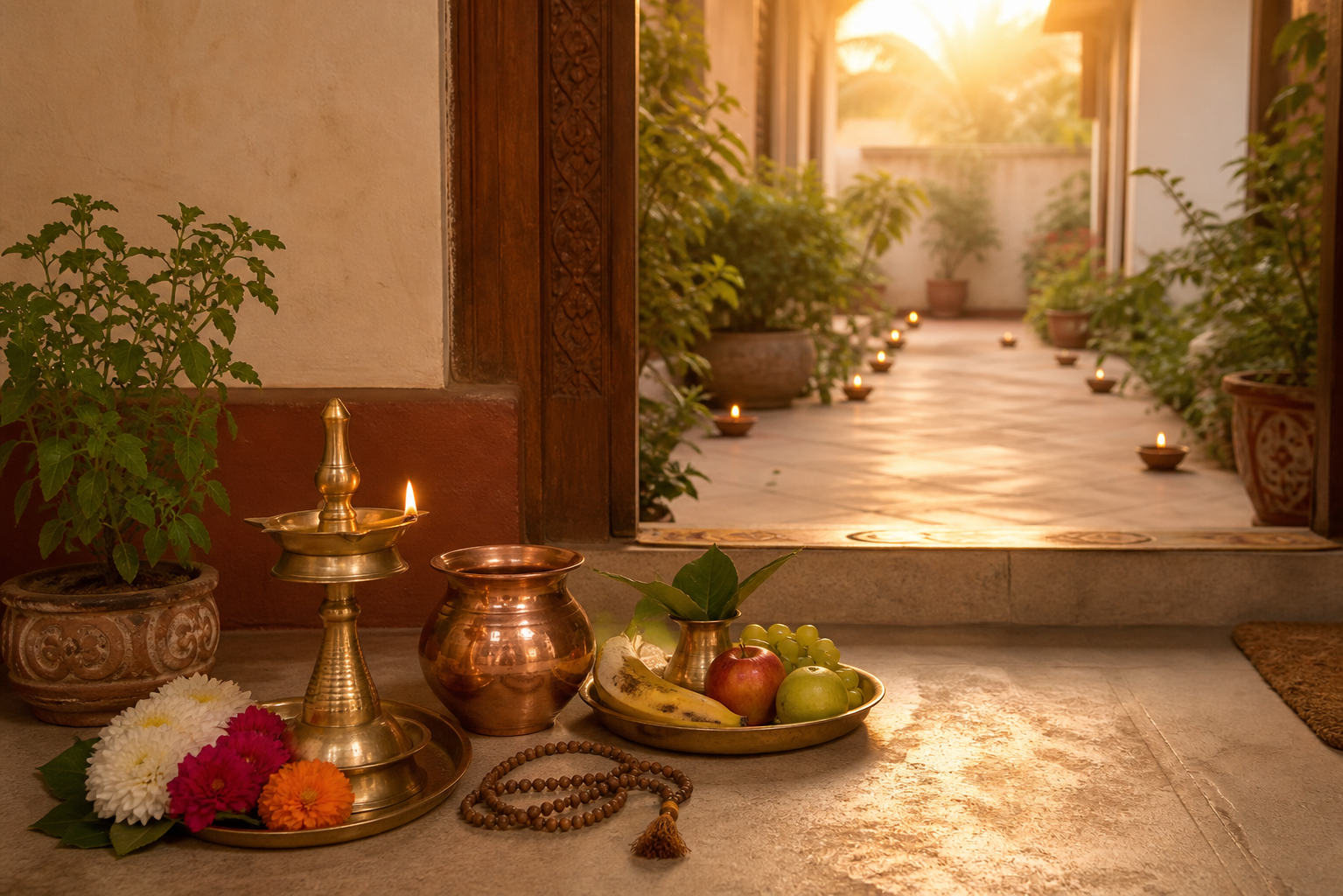 A steady brass lamp burns beside water, tulsi, prayer beads, flowers, and fruit, with tended plants leading into a sunlit courtyard.