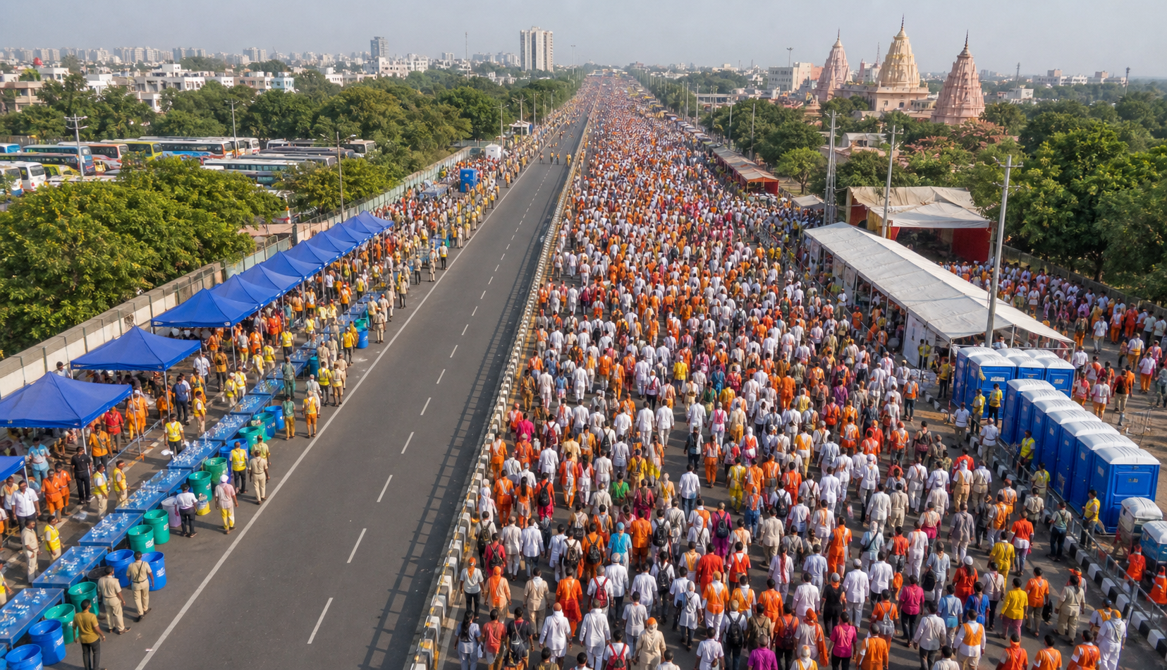 A large organized foot march fills designated road lanes beside water, rest, and sanitation stations while an emergency route remains open.