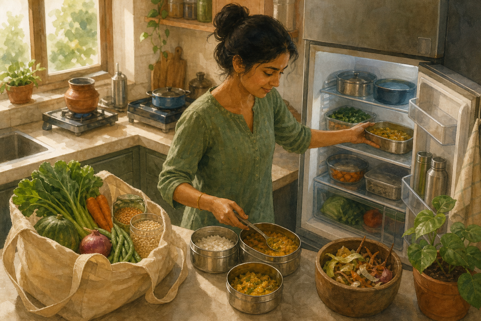 A person in an apartment kitchen stores a meal in steel containers, separates vegetable scraps, and keeps a cloth grocery bag of vegetables and grains nearby.