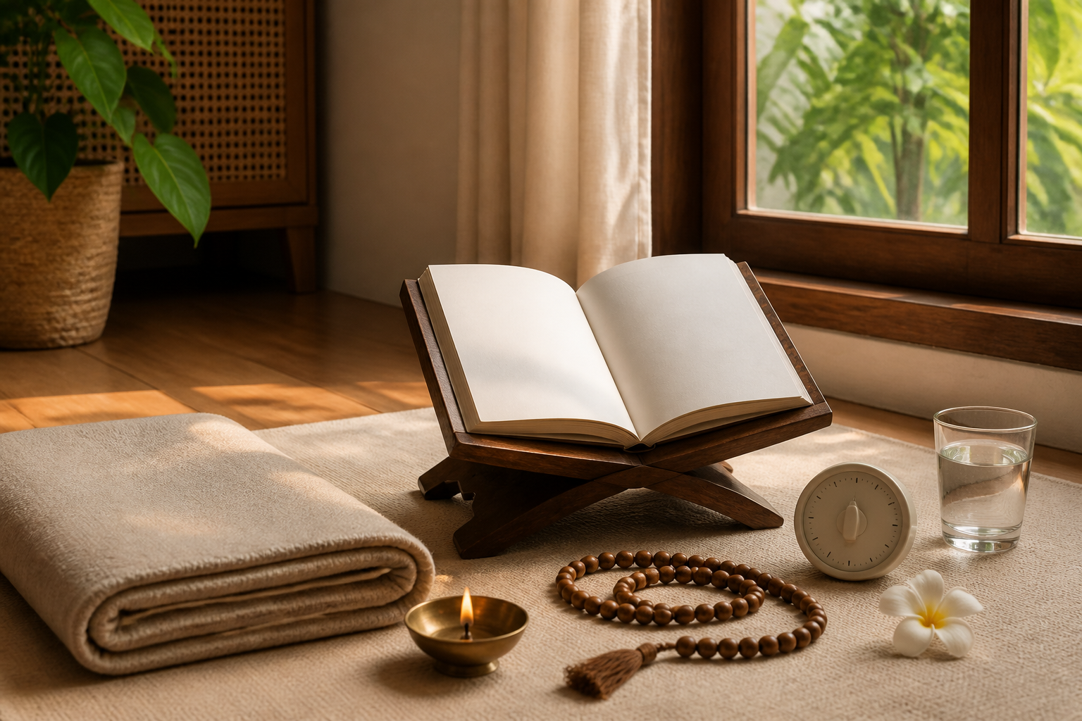 A meditation mat, devotional book, tulsi mala, oil lamp, water glass, and plain timer are arranged for a short daily japa practice.
