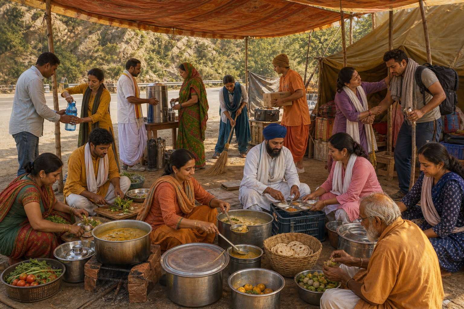 Pilgrims and volunteers in varied traditional and modern clothing prepare food, distribute water, clean the area, and assist a traveler at a roadside service camp.