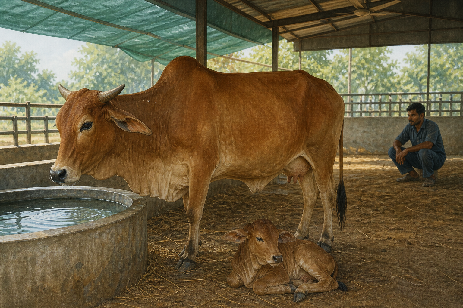 A caretaker observes a brown zebu cow near a clean water trough and shaded shelter while a calf rests on dry bedding nearby.