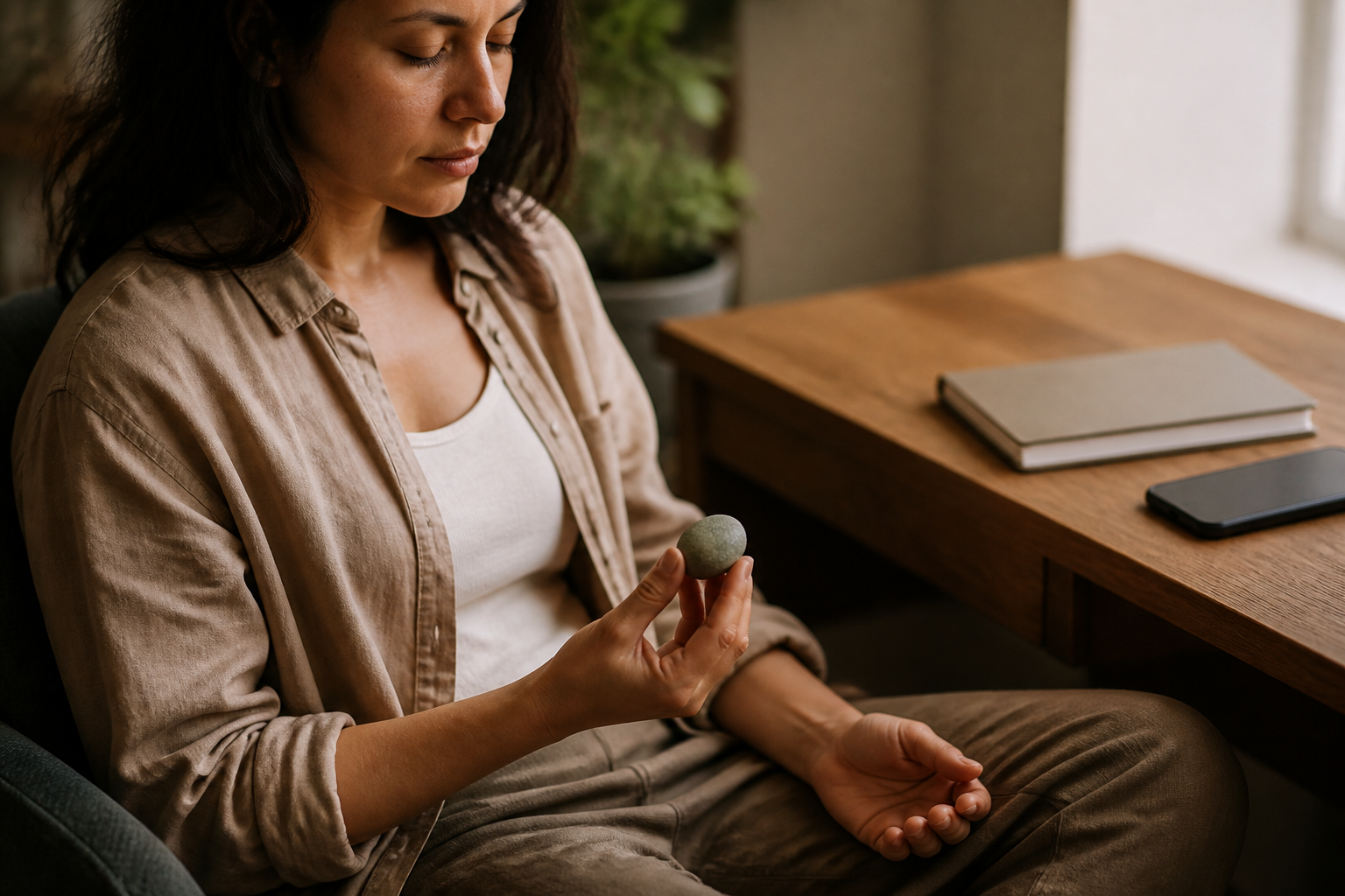 A seated adult pauses at a wooden desk while holding a smooth pebble, with a face-down phone nearby.