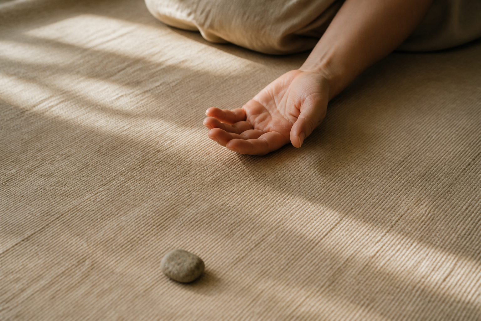 A small stone rests on a cotton mat beside a relaxed open hand.