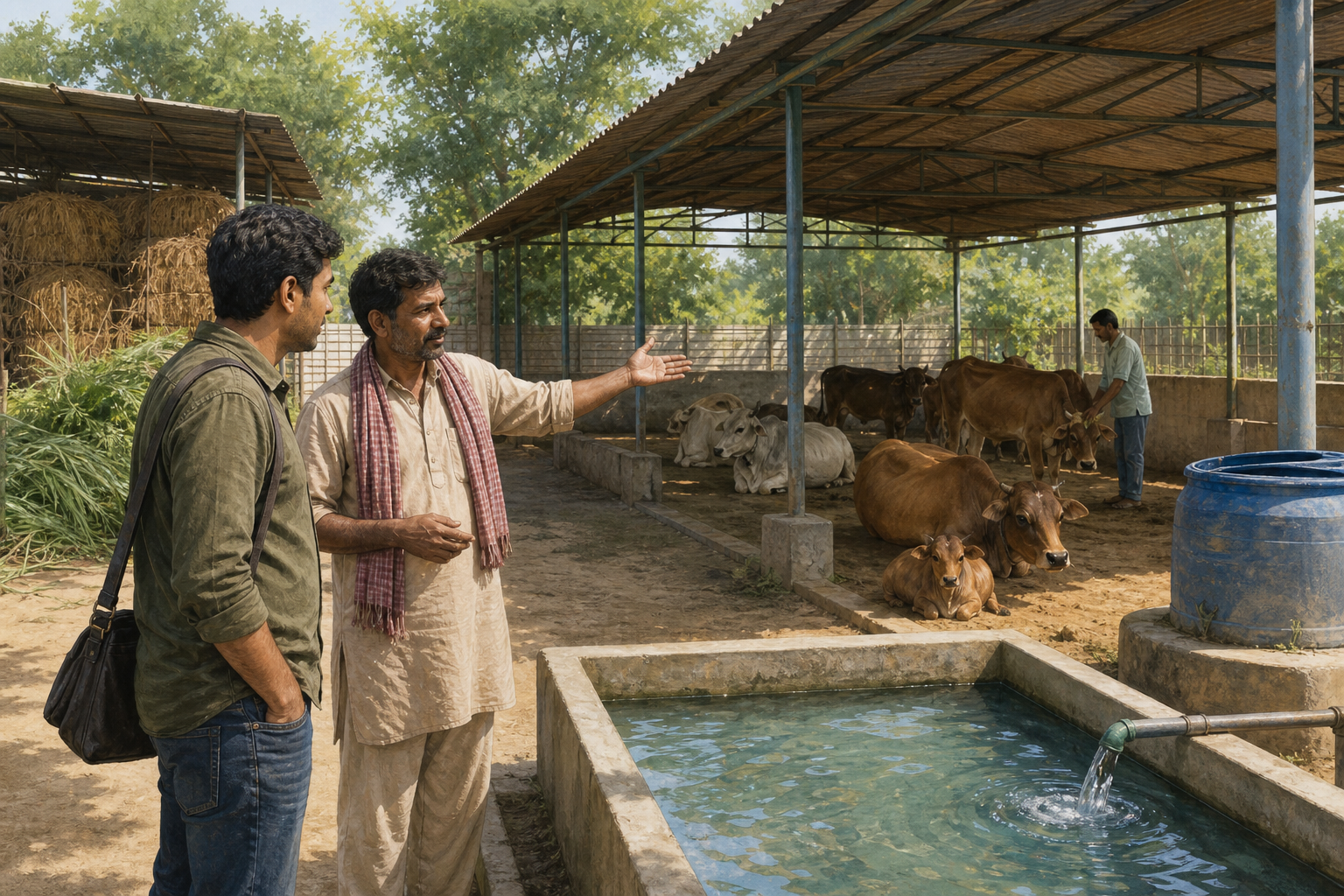 A visitor and caretaker inspect a modest cattle cooperative with shaded resting areas, water troughs, stored fodder, and cows with calves visible behind them.