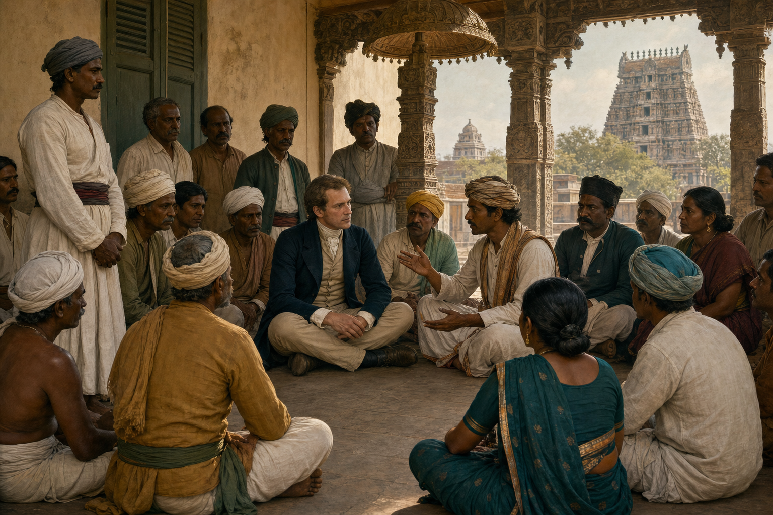 A colonial-era official listens to a group of Tamil residents in a Madurai courtyard framed by a veranda, carved stone pillars, and a distant temple tower.