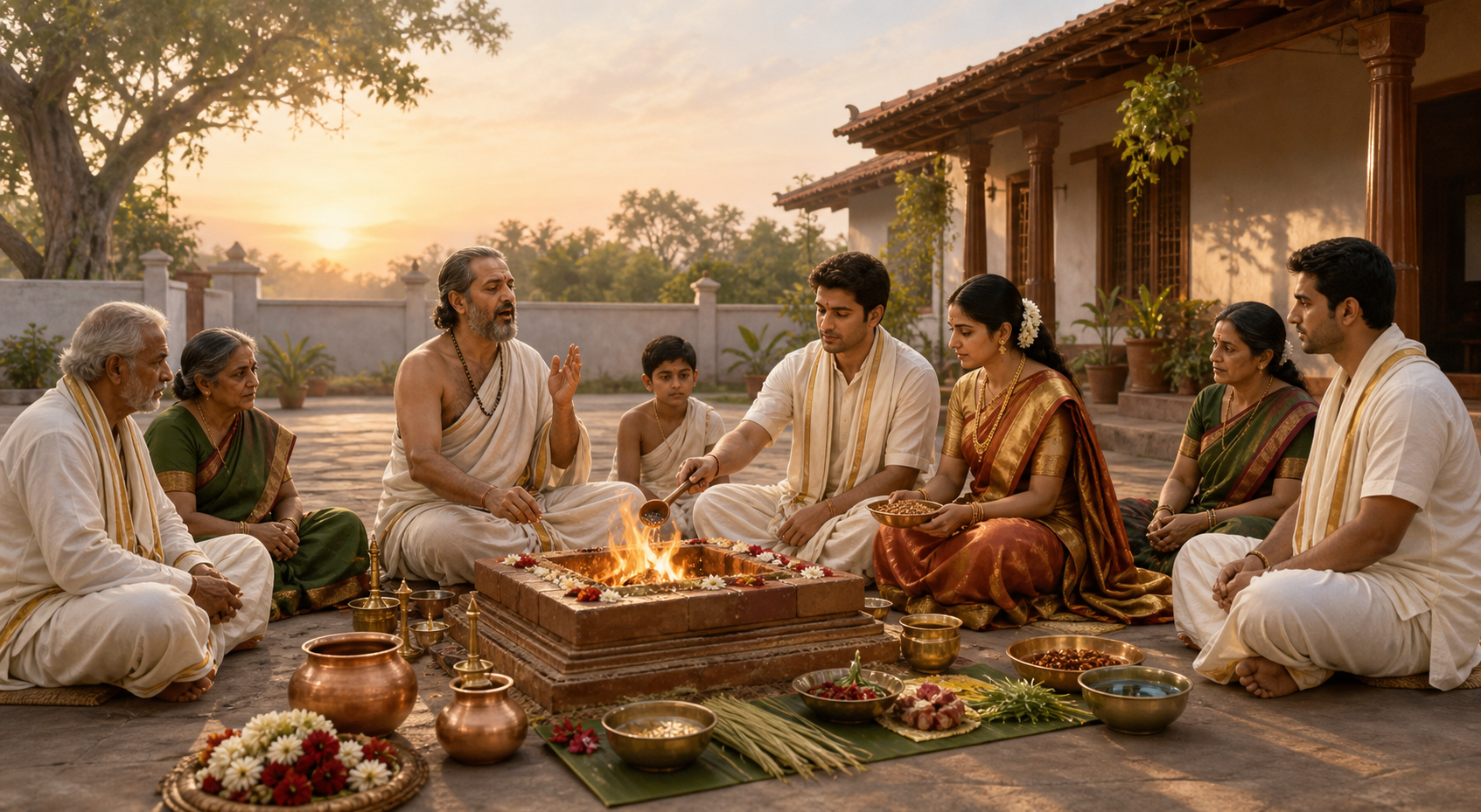 A multigenerational Hindu family and ritual specialist gather around a small domestic fire altar with offerings and ceremonial vessels.