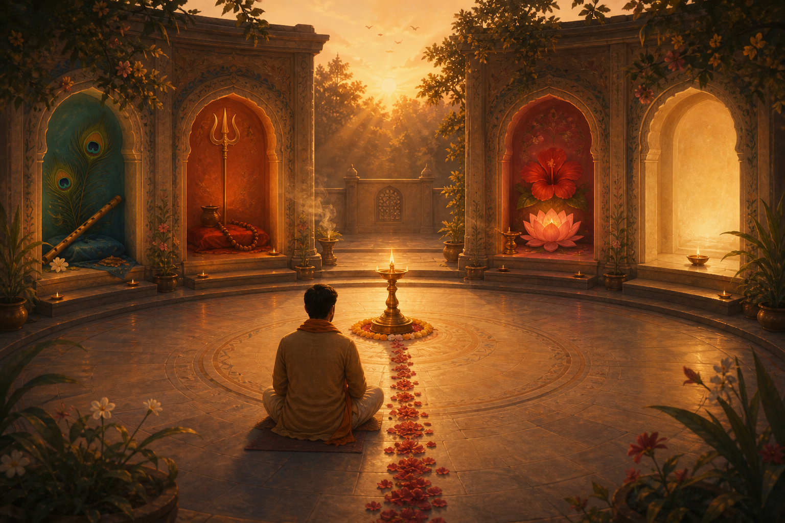 A seated devotee faces a glowing oil lamp in a circular courtyard surrounded by alcoves containing a flute, a trident, a hibiscus, a lotus, and an open field of light.