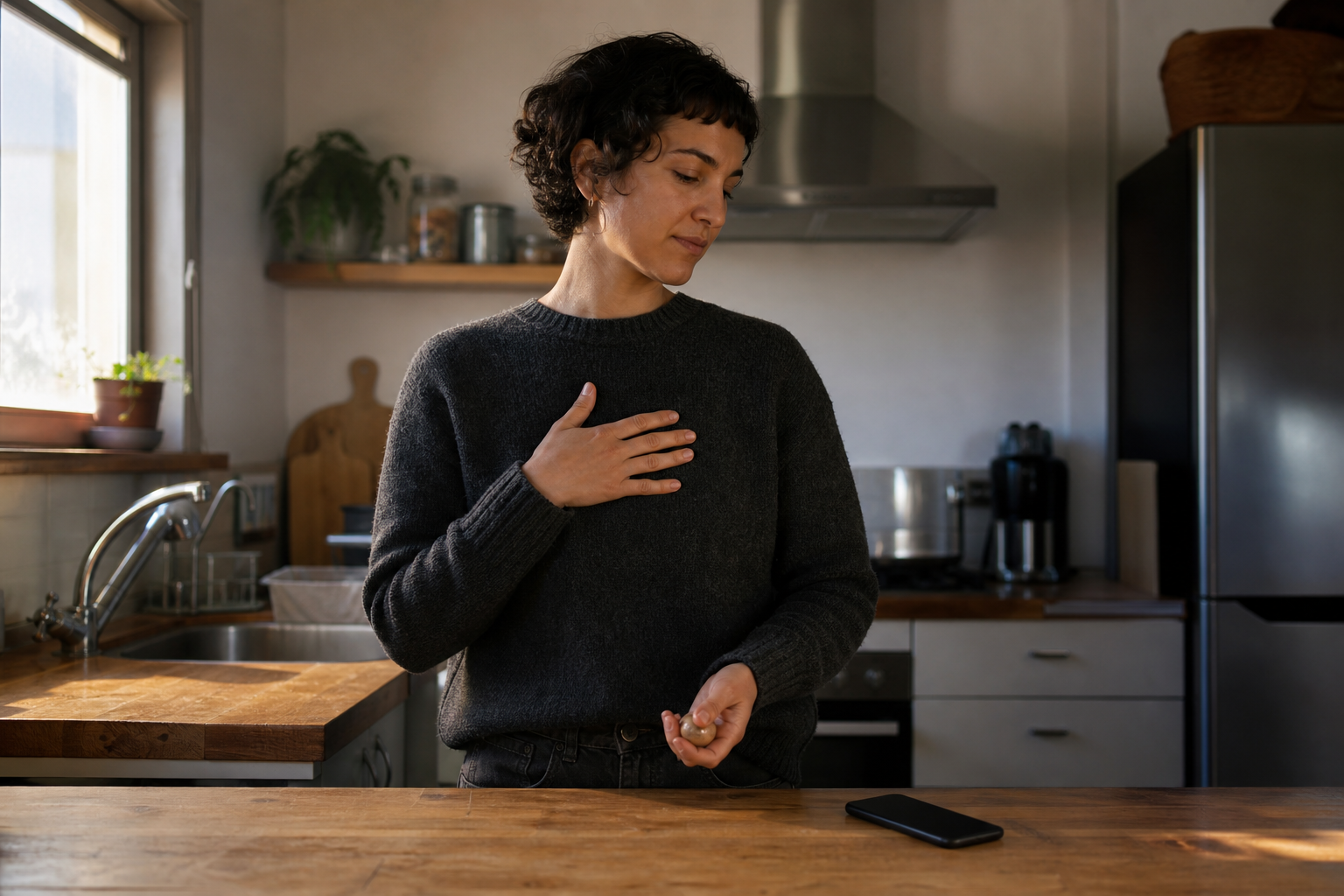 An adult pauses with a wooden bead in hand beside a face-down phone on a kitchen counter.