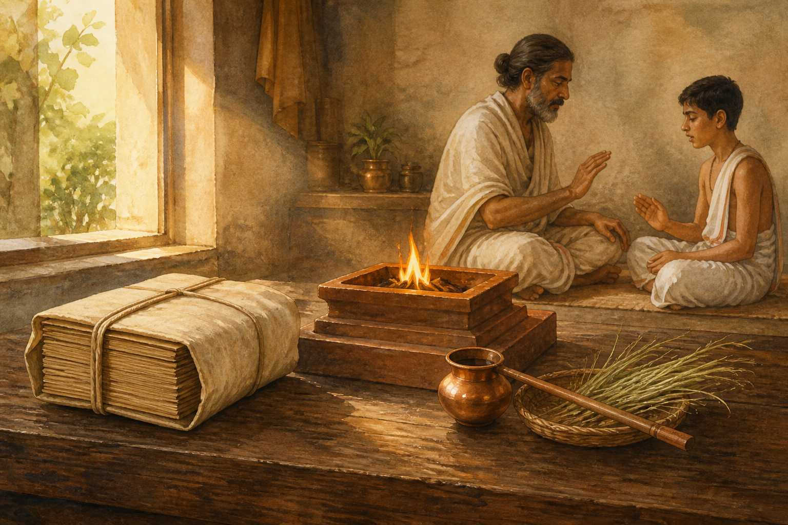 A closed palm-leaf bundle, domestic fire implements, and a teacher with a student represent textual, ritual, and oral aspects of a Vedic tradition.
