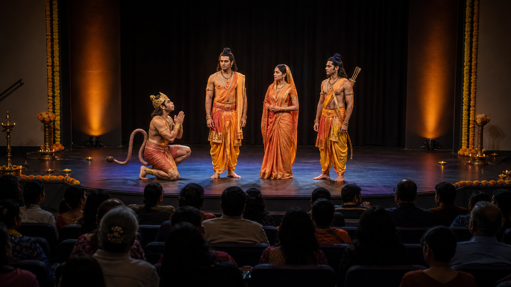 Families watch actors portraying Rama, Sita, Lakshmana and Hanuman during a warmly lit Ramayan stage performance in a college theatre.