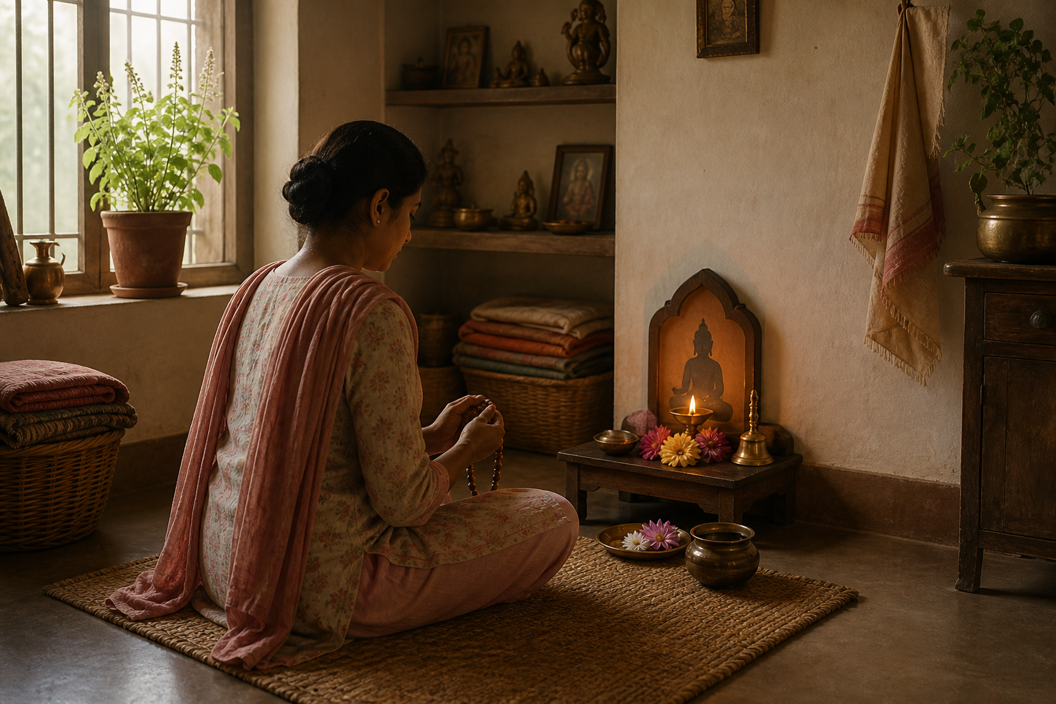 A person sits on a woven mat at a small home altar with a lamp, flowers, water, and prayer beads while other devotional objects remain on nearby shelves.