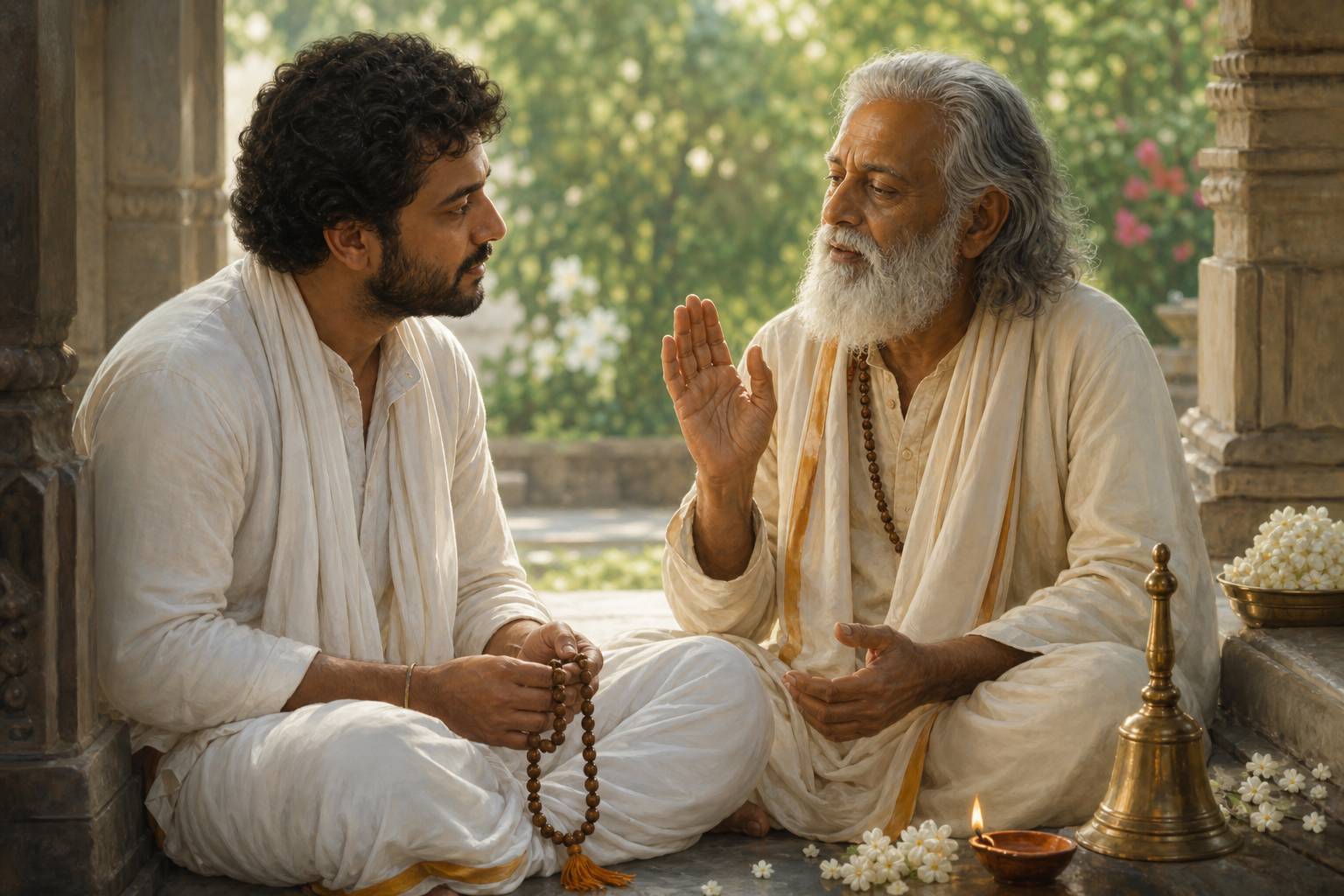 A practitioner with prayer beads listens to an older teacher who marks a gentle recitation rhythm with one hand on a quiet temple veranda.