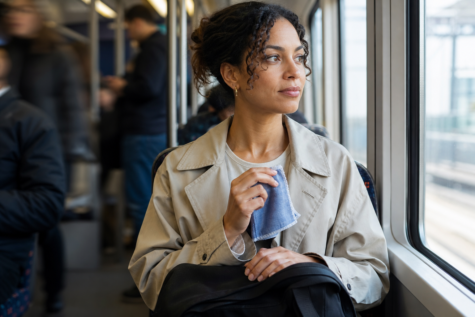 A commuter quietly holds the woven edge of a cotton cloth while seated on public transit.