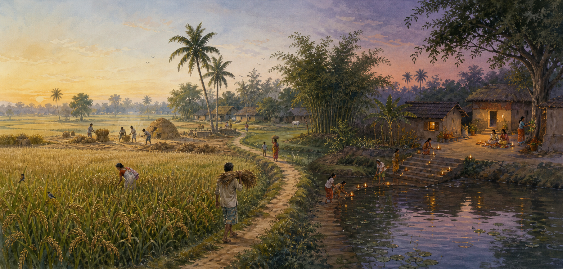 A panoramic Bengali countryside moves from ripening aman paddy and pond-side lamps to a household Kartik observance and the gathering of newly cut rice.