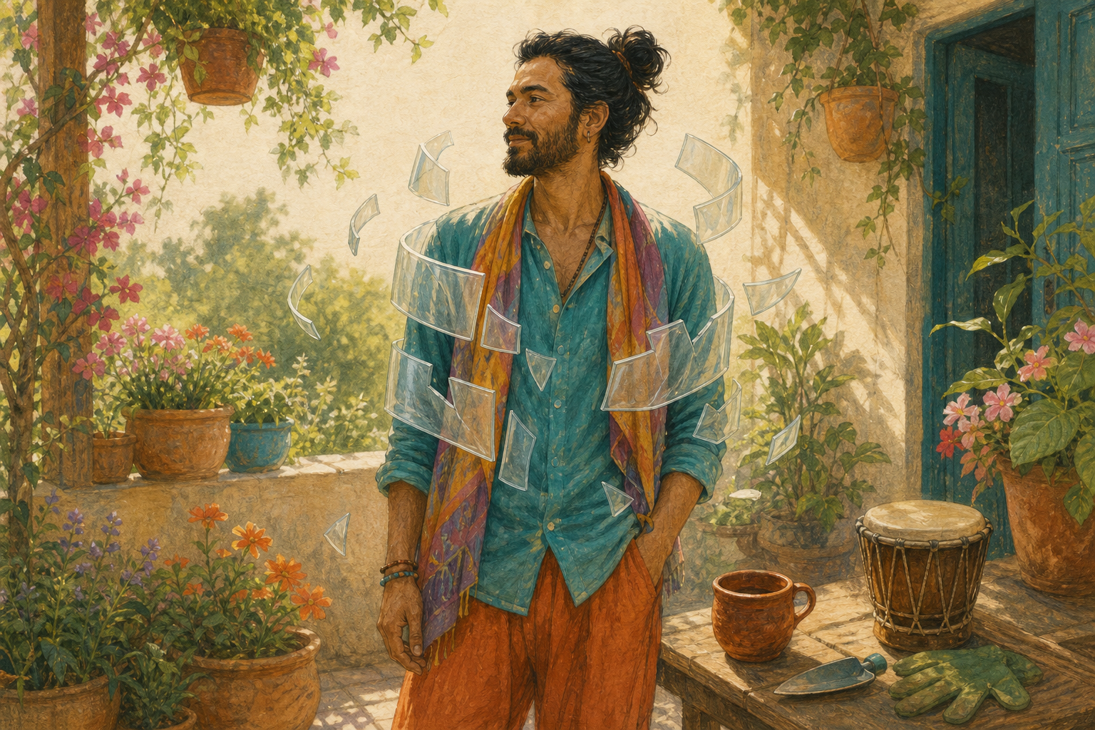 A colorfully dressed person stands among plants and personal objects as a translucent shell opens around their torso.