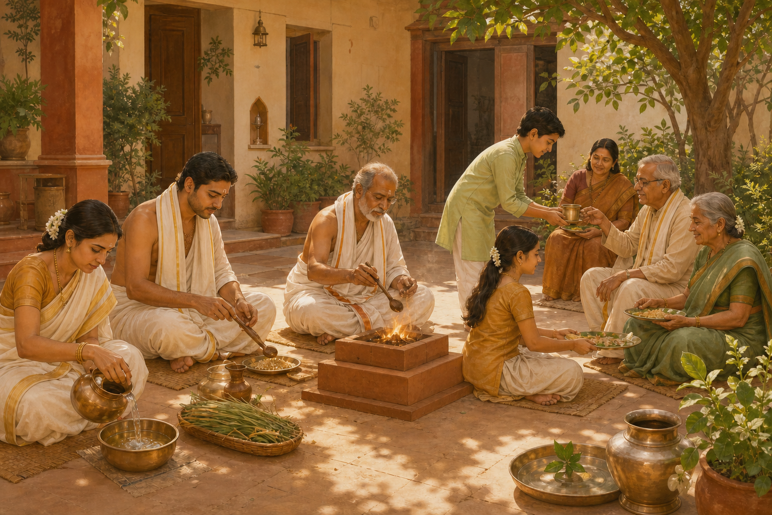 A household rite progresses from preparation and a fire offering to family members serving elders and guests.