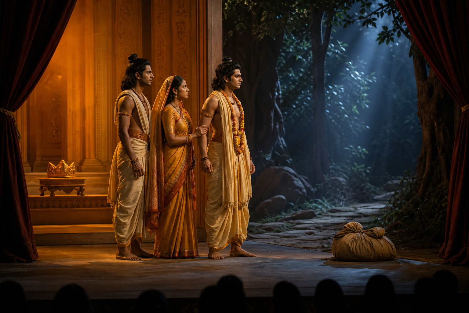 Actors portraying Rama, Sita and Lakshmana stand between a palace set and a forest path, visually representing the choice to accept exile.
