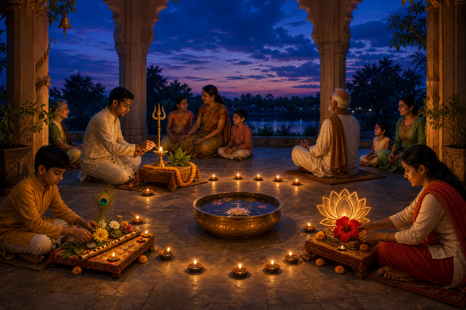 People in an open pavilion offer flowers, light lamps, handle prayer beads, and meditate at four distinct devotional stations arranged around a shared bowl of water.