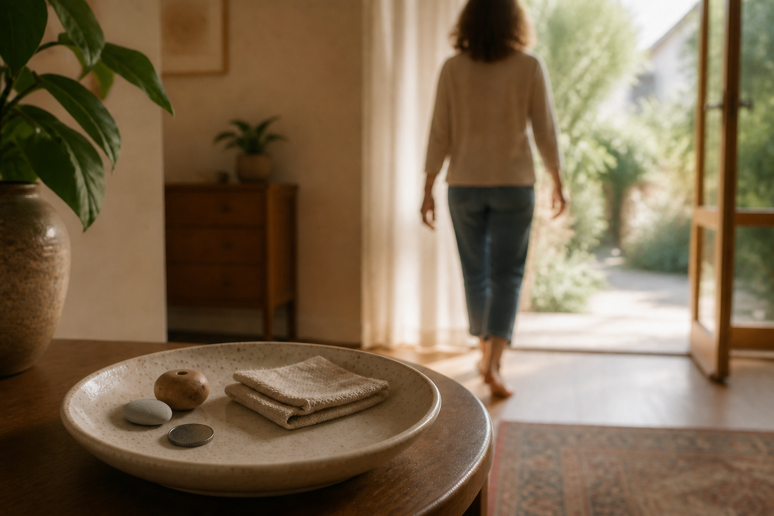 A coin, bead, fabric square, and pebble sit in a dish as a person walks toward a sunlit doorway with empty hands.
