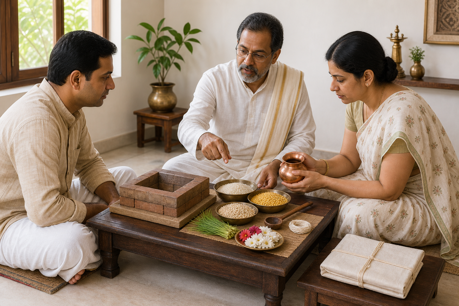 A teacher and two householders review neatly arranged ritual materials beside an unlit domestic fire altar.