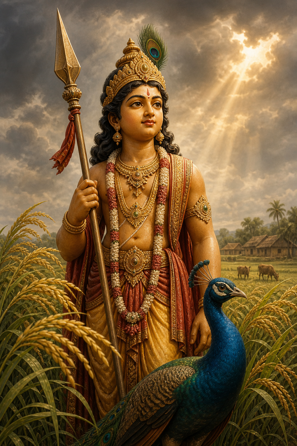 Youthful Kartikeya stands with a spear and peacock among ripening rice, with a Bengali homestead and grazing livestock in the distance.