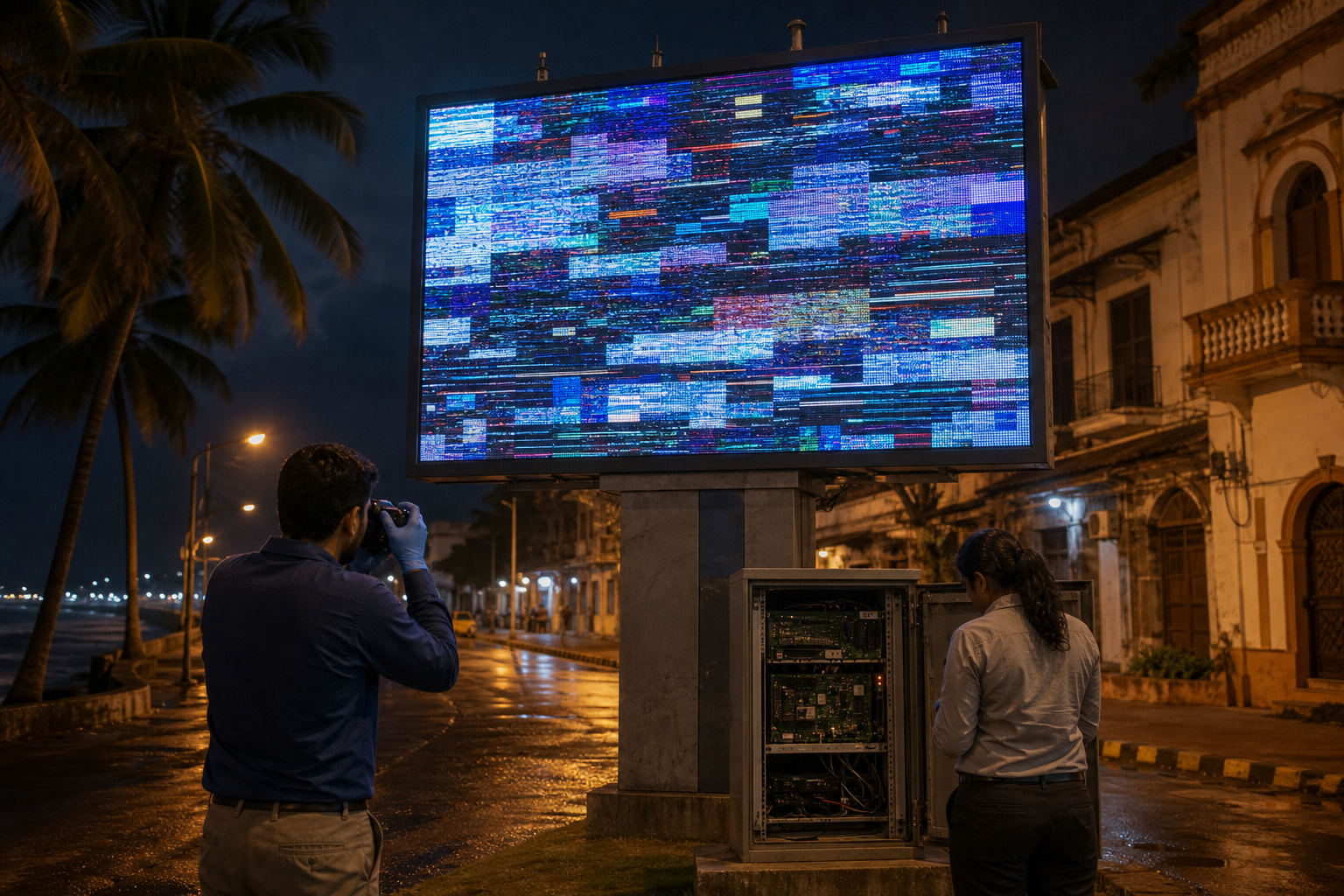 Digital-forensics investigators document a glitching public LED board and its open controller cabinet on a street in Goa at night.