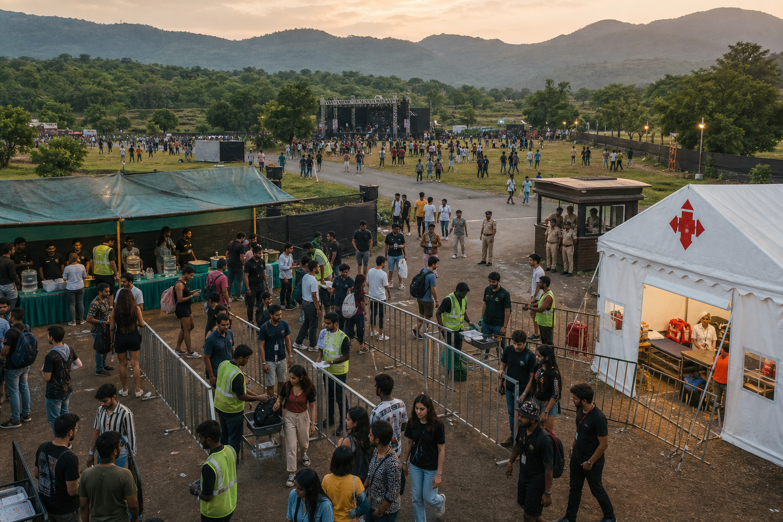 Young adults enter an outdoor festival in Maharashtra through managed security lanes near hydration, medical and emergency-response facilities.