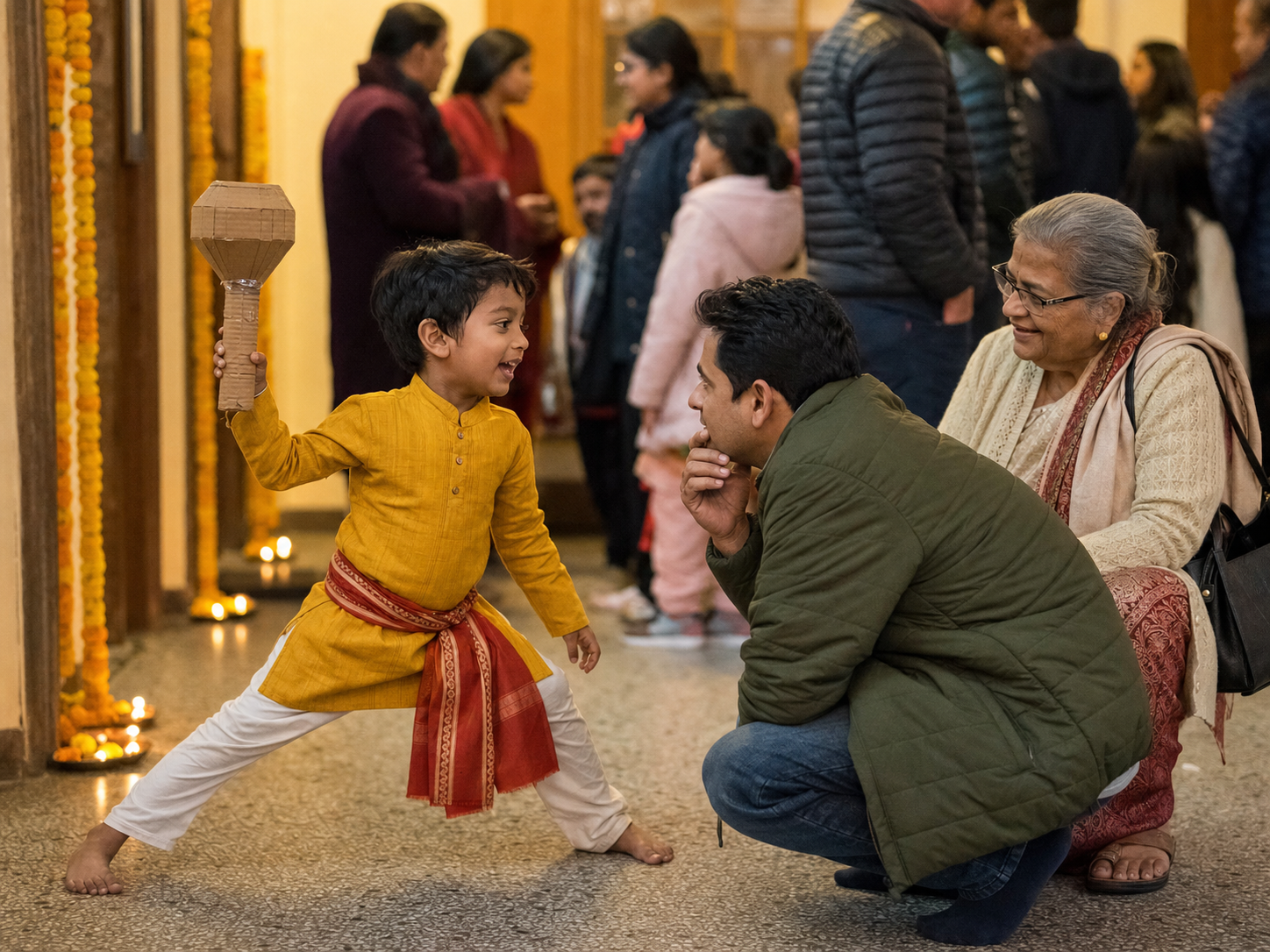 A child reenacts a heroic pose with a handmade prop while a parent and grandparent engage nearby after a community performance.
