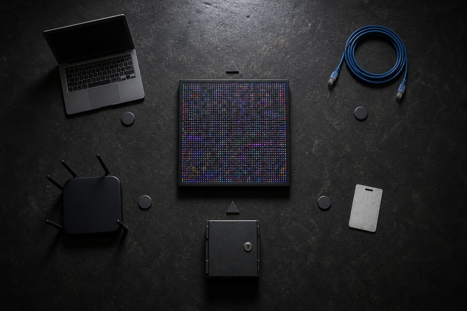 A corrupted LED panel is surrounded by several unresolved access routes, including a laptop, network cable, wireless device, access card and control box.