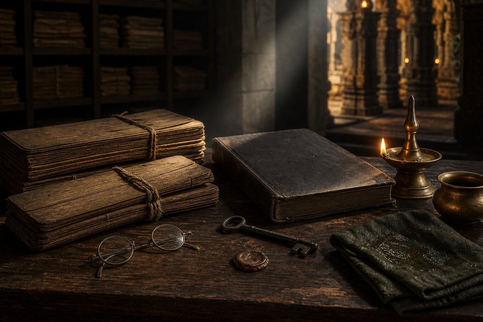 Palm-leaf bundles, a closed ledger, an iron key, spectacles, a brass lamp, and a temple vessel rest on a wooden table between an archive and a temple corridor.