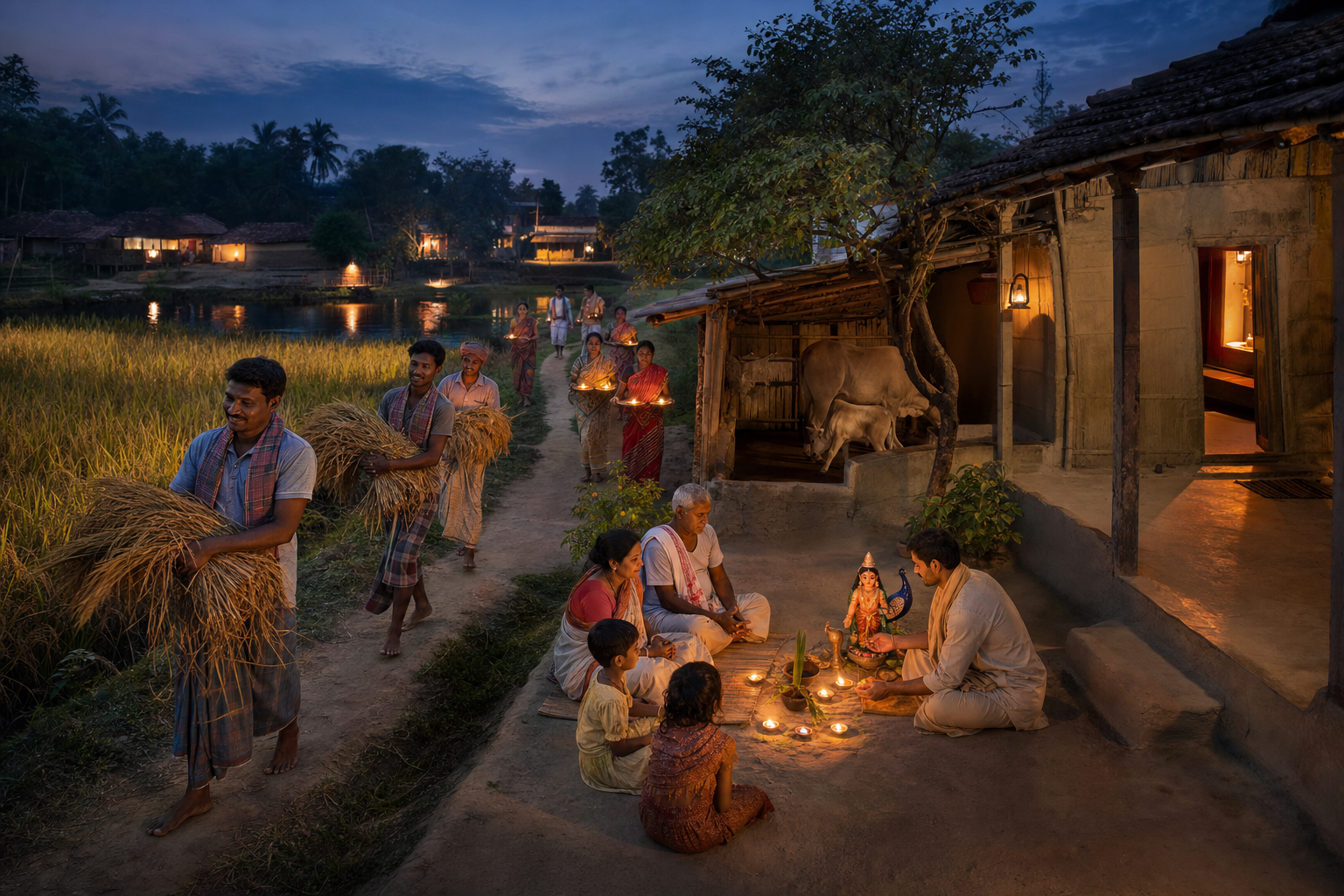 Villagers carry paddy from the fields toward a lamp-lit courtyard where families and neighbors gather around a clay image of Kartikeya, near a cowshed and pond.