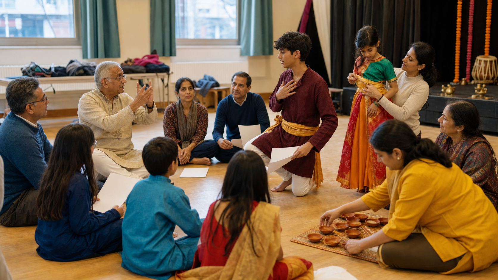 Children, teenagers, parents and elders rehearse a Ramayan scene together in a community hall while volunteers prepare simple decorations.