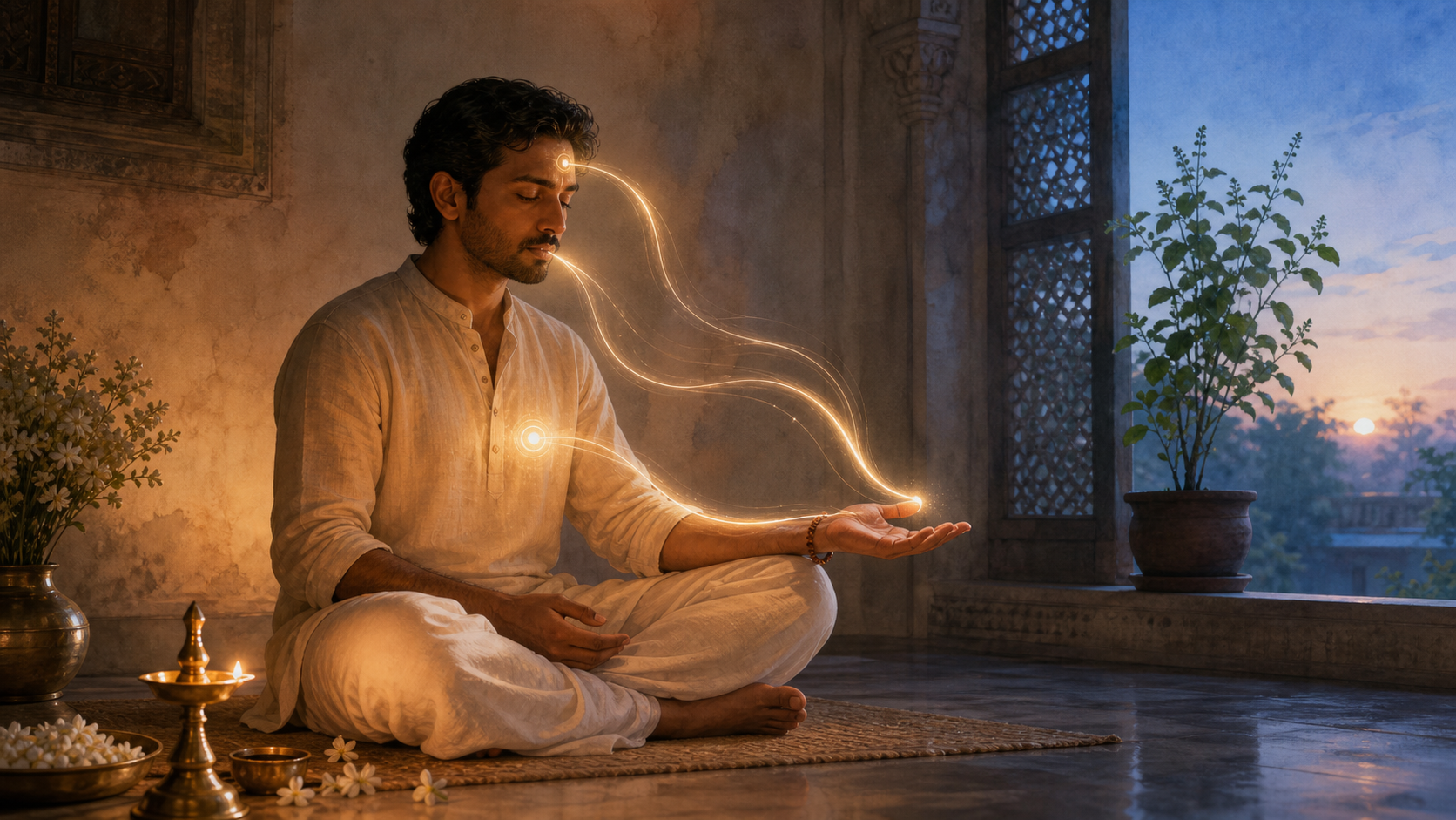 A devotee recites beside an oil lamp as luminous waves connect the chest, brow, and open hand in a quiet home prayer space.