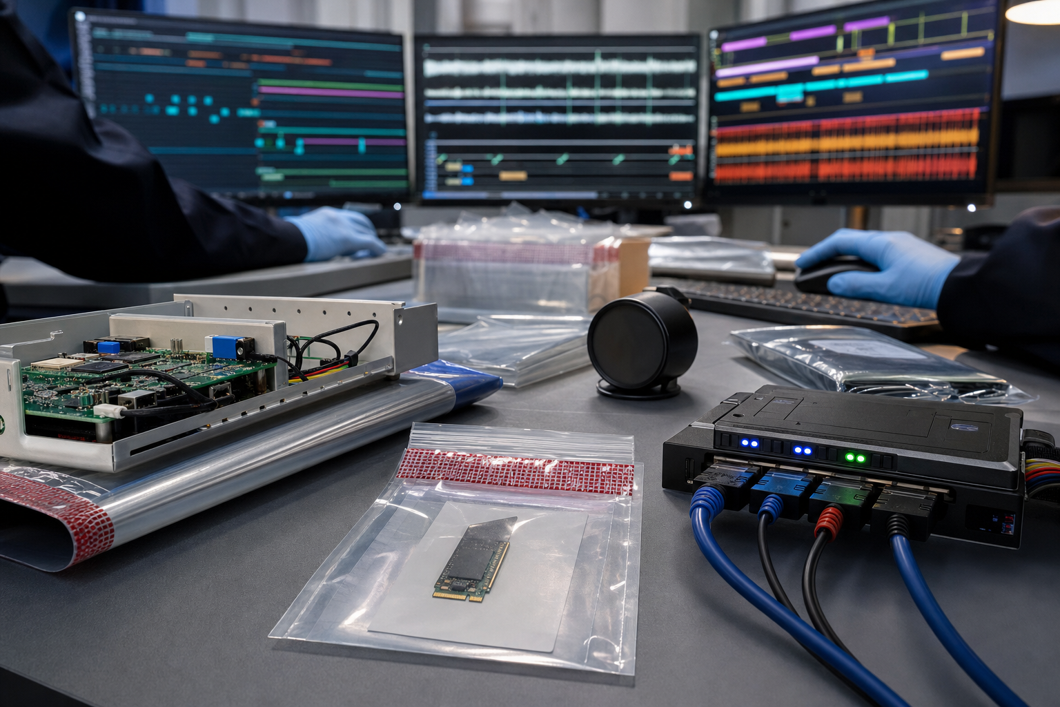 Gloved analysts preserve an LED controller and storage module while examining abstract event timelines in a secure forensic laboratory.